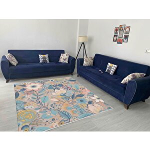 Pamuk Dokuma Taban Halı – Mavi; Sarı; Pembe; Turuncu – Floral Desen, Makinede Yıkanabilir, Kolay Temizlenebilir, Toz Ve Tüy Tutmaz, Kaymaz, Evcil Hayvan Dostu