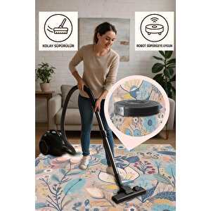 Pamuk Dokuma Taban Halı – Mavi; Sarı; Pembe; Turuncu – Floral Desen, Makinede Yıkanabilir, Kolay Temizlenebilir, Toz Ve Tüy Tutmaz, Kaymaz, Evcil Hayvan Dostu