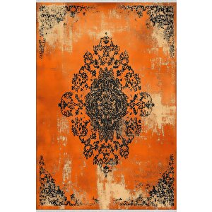 Pamuk Dokuma Taban Halı – Turuncu; Siyah; Krem – Eskitilmiş Görünümlü Soyut Desen, Makinede Yıkanabilir, Kolay Temizlenebilir, Toz Ve Tüy Tutmaz, Kaymaz, Evcil Hayvan Dostu 200x220 cm