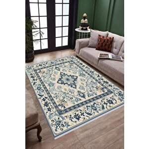 Oturma Odası Halısı – Krem; Mavi – Geleneksel Desen, Makinede Yıkanabilir, Kolay Temizlenebilir, Toz Ve Tüy Tutmaz, Kaymaz, Evcil Hayvan Dostu 100x100 cm