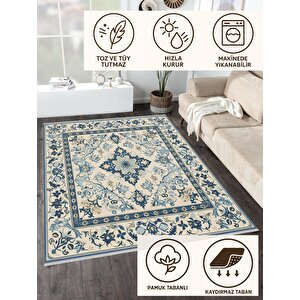 Oturma Odası Halısı – Krem; Mavi – Geleneksel Desen, Makinede Yıkanabilir, Kolay Temizlenebilir, Toz Ve Tüy Tutmaz, Kaymaz, Evcil Hayvan Dostu