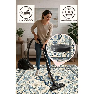 Oturma Odası Halısı – Krem; Mavi – Geleneksel Desen, Makinede Yıkanabilir, Kolay Temizlenebilir, Toz Ve Tüy Tutmaz, Kaymaz, Evcil Hayvan Dostu