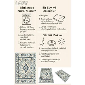 Oturma Odası Halısı – Krem; Mavi – Geleneksel Desen, Makinede Yıkanabilir, Kolay Temizlenebilir, Toz Ve Tüy Tutmaz, Kaymaz, Evcil Hayvan Dostu