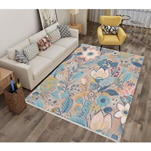 Pamuk Dokuma Taban Halı – Mavi; Sarı; Pembe; Turuncu – Floral Desen, Makinede Yıkanabilir, Kolay Temizlenebilir, Toz Ve Tüy Tutmaz, Kaymaz, Evcil Hayvan Dostu