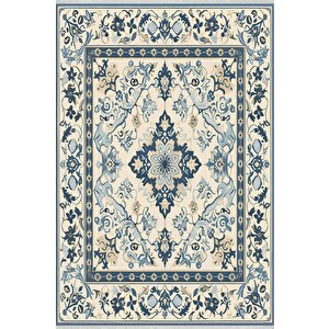 Oturma Odası Halısı – Krem; Mavi – Geleneksel Desen, Makinede Yıkanabilir, Kolay Temizlenebilir, Toz Ve Tüy Tutmaz, Kaymaz, Evcil Hayvan Dostu 160x350 cm