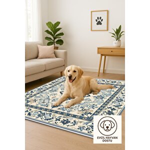 Oturma Odası Halısı – Krem; Mavi – Geleneksel Desen, Makinede Yıkanabilir, Kolay Temizlenebilir, Toz Ve Tüy Tutmaz, Kaymaz, Evcil Hayvan Dostu 160x350 cm