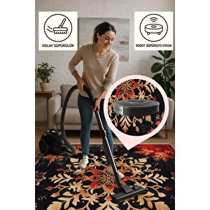 Pamuk Dokuma Taban Halı – Siyah; Kırmızı; Bej – Floral Desen, Makinede Yıkanabilir, Kolay Temizlenebilir, Toz Ve Tüy Tutmaz, Kaymaz, Evcil Hayvan Dostu