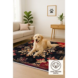 Pamuk Dokuma Taban Halı – Siyah; Kırmızı; Bej – Floral Desen, Makinede Yıkanabilir, Kolay Temizlenebilir, Toz Ve Tüy Tutmaz, Kaymaz, Evcil Hayvan Dostu