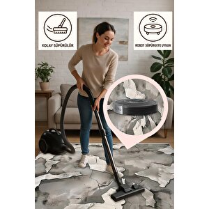 Pamuk Dokuma Taban Halı – Gri; Siyah; Beyaz – Soyut Desen, Makinede Yıkanabilir, Kolay Temizlenebilir, Toz Ve Tüy Tutmaz, Kaymaz, Evcil Hayvan Dostu