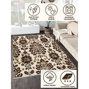 Pamuk Dokuma Taban Halı – Kahverengi; Bej – Damask Desen, Makinede Yıkanabilir, Kolay Temizlenebilir, Toz Ve Tüy Tutmaz, Kaymaz, Evcil Hayvan Dostu 150x150 cm
