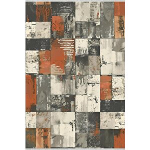 Pamuk Tabanlı Kaymaz Halı – Orange; Gray; Beige – Patchwork Desen, Pamuk Dokuma Taban, Makinede Yıkanabilir, Kolay Temizlenebilir, Toz Ve Tüy Tutmaz, Kaymaz, Evcil Hayvan Dostu 180x270 cm