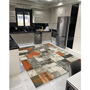 Pamuk Tabanlı Kaymaz Halı – Orange; Gray; Beige – Patchwork Desen, Pamuk Dokuma Taban, Makinede Yıkanabilir, Kolay Temizlenebilir, Toz Ve Tüy Tutmaz, Kaymaz, Evcil Hayvan Dostu