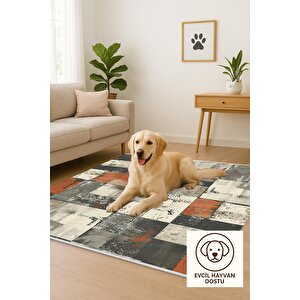 Pamuk Tabanlı Kaymaz Halı – Orange; Gray; Beige – Patchwork Desen, Pamuk Dokuma Taban, Makinede Yıkanabilir, Kolay Temizlenebilir, Toz Ve Tüy Tutmaz, Kaymaz, Evcil Hayvan Dostu