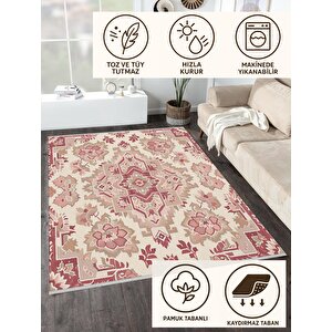 Pamuk Dokuma Taban Halı – Krem; Pembe; Bej – Geleneksel Desen, Makinede Yıkanabilir, Kolay Temizlenebilir, Toz Ve Tüy Tutmaz, Kaymaz, Evcil Hayvan Dostu 120x180 cm