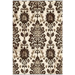 Pamuk Dokuma Taban Halı – Kahverengi; Bej – Damask Desen, Makinede Yıkanabilir, Kolay Temizlenebilir, Toz Ve Tüy Tutmaz, Kaymaz, Evcil Hayvan Dostu