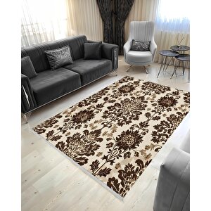 Pamuk Dokuma Taban Halı – Kahverengi; Bej – Damask Desen, Makinede Yıkanabilir, Kolay Temizlenebilir, Toz Ve Tüy Tutmaz, Kaymaz, Evcil Hayvan Dostu