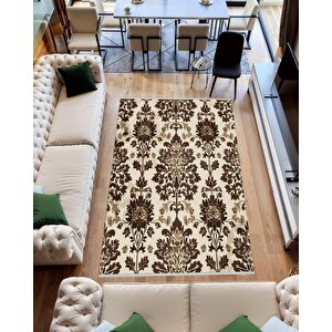 Pamuk Dokuma Taban Halı – Kahverengi; Bej – Damask Desen, Makinede Yıkanabilir, Kolay Temizlenebilir, Toz Ve Tüy Tutmaz, Kaymaz, Evcil Hayvan Dostu