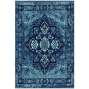 Pamuk Dokuma Taban Halı – Mavi; Lacivert – Oriental Desen, Makinede Yıkanabilir, Kolay Temizlenebilir, Toz Ve Tüy Tutmaz, Kaymaz, Evcil Hayvan Dostu 100x180 cm