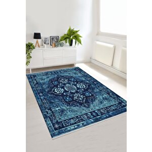 Pamuk Dokuma Taban Halı – Mavi; Lacivert – Oriental Desen, Makinede Yıkanabilir, Kolay Temizlenebilir, Toz Ve Tüy Tutmaz, Kaymaz, Evcil Hayvan Dostu 100x180 cm