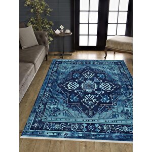 Pamuk Dokuma Taban Halı – Mavi; Lacivert – Oriental Desen, Makinede Yıkanabilir, Kolay Temizlenebilir, Toz Ve Tüy Tutmaz, Kaymaz, Evcil Hayvan Dostu 100x180 cm
