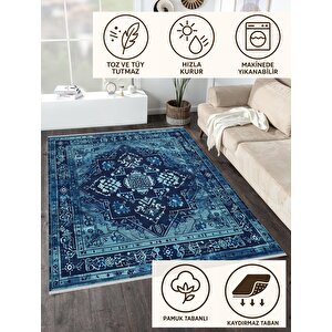 Pamuk Dokuma Taban Halı – Mavi; Lacivert – Oriental Desen, Makinede Yıkanabilir, Kolay Temizlenebilir, Toz Ve Tüy Tutmaz, Kaymaz, Evcil Hayvan Dostu