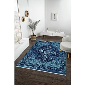 Pamuk Dokuma Taban Halı – Mavi; Lacivert – Oriental Desen, Makinede Yıkanabilir, Kolay Temizlenebilir, Toz Ve Tüy Tutmaz, Kaymaz, Evcil Hayvan Dostu