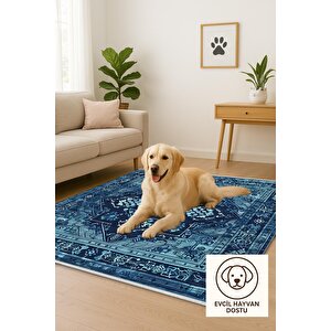 Pamuk Dokuma Taban Halı – Mavi; Lacivert – Oriental Desen, Makinede Yıkanabilir, Kolay Temizlenebilir, Toz Ve Tüy Tutmaz, Kaymaz, Evcil Hayvan Dostu