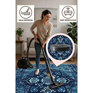 Pamuk Dokuma Taban Halı – Mavi; Lacivert – Oriental Desen, Makinede Yıkanabilir, Kolay Temizlenebilir, Toz Ve Tüy Tutmaz, Kaymaz, Evcil Hayvan Dostu