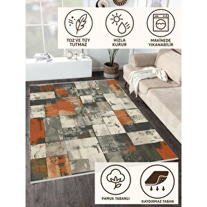 Pamuk Tabanlı Kaymaz Halı – Orange; Gray; Beige – Patchwork Desen, Pamuk Dokuma Taban, Makinede Yıkanabilir, Kolay Temizlenebilir, Toz Ve Tüy Tutmaz, Kaymaz, Evcil Hayvan Dostu 160x230 cm
