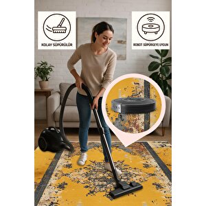 Pamuk Dokuma Taban Halı – Sarı; Gri; Kiremit – Eskitilmiş Görünümlü Oriental Desen, Makinede Yıkanabilir, Kolay Temizlenebilir, Toz Ve Tüy Tutmaz, Kaymaz, Evcil Hayvan Dostu