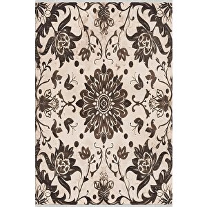 Pamuk Dokuma Taban Halı – Kahverengi; Bej – Floral Desen, Makinede Yıkanabilir, Kolay Temizlenebilir, Toz Ve Tüy Tutmaz, Kaymaz, Evcil Hayvan Dostu 80x150 cm
