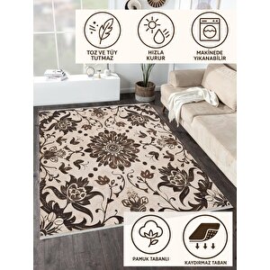 Pamuk Dokuma Taban Halı – Kahverengi; Bej – Floral Desen, Makinede Yıkanabilir, Kolay Temizlenebilir, Toz Ve Tüy Tutmaz, Kaymaz, Evcil Hayvan Dostu 200x350 cm