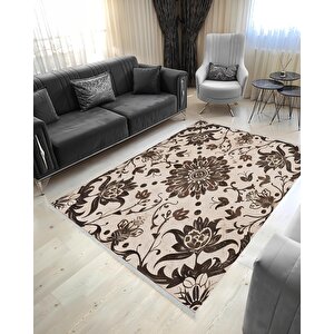 Pamuk Dokuma Taban Halı – Kahverengi; Bej – Floral Desen, Makinede Yıkanabilir, Kolay Temizlenebilir, Toz Ve Tüy Tutmaz, Kaymaz, Evcil Hayvan Dostu 200x350 cm