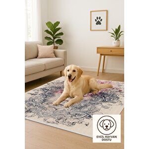 Pamuk Tabanlı Kaymaz Halı – Krem; Pembe; Gri – Soyut Desen, Pamuk Dokuma Taban, Makinede Yıkanabilir, Kolay Temizlenebilir, Toz Ve Tüy Tutmaz, Kaymaz, Evcil Hayvan Dostu 150x150 cm