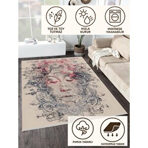 Pamuk Tabanlı Kaymaz Halı – Krem; Pembe; Gri – Soyut Desen, Pamuk Dokuma Taban, Makinede Yıkanabilir, Kolay Temizlenebilir, Toz Ve Tüy Tutmaz, Kaymaz, Evcil Hayvan Dostu