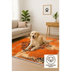 Pamuk Dokuma Taban Halı – Turuncu; Siyah; Krem – Eskitilmiş Görünümlü Soyut Desen, Makinede Yıkanabilir, Kolay Temizlenebilir, Toz Ve Tüy Tutmaz, Kaymaz, Evcil Hayvan Dostu