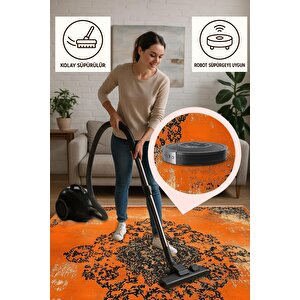 Pamuk Dokuma Taban Halı – Turuncu; Siyah; Krem – Eskitilmiş Görünümlü Soyut Desen, Makinede Yıkanabilir, Kolay Temizlenebilir, Toz Ve Tüy Tutmaz, Kaymaz, Evcil Hayvan Dostu