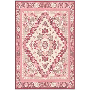 Pamuk Dokuma Taban Halı – Pembe; Krem; Gül Kurusu – Oriental Desen, Makinede Yıkanabilir, Kolay Temizlenebilir, Toz Ve Tüy Tutmaz, Kaymaz, Evcil Hayvan Dostu
