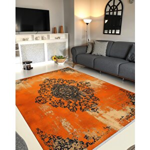 Pamuk Dokuma Taban Halı – Turuncu; Siyah; Krem – Eskitilmiş Görünümlü Soyut Desen, Makinede Yıkanabilir, Kolay Temizlenebilir, Toz Ve Tüy Tutmaz, Kaymaz, Evcil Hayvan Dostu 100x180 cm