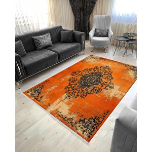 Pamuk Dokuma Taban Halı – Turuncu; Siyah; Krem – Eskitilmiş Görünümlü Soyut Desen, Makinede Yıkanabilir, Kolay Temizlenebilir, Toz Ve Tüy Tutmaz, Kaymaz, Evcil Hayvan Dostu 100x180 cm