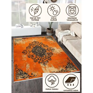 Pamuk Dokuma Taban Halı – Turuncu; Siyah; Krem – Eskitilmiş Görünümlü Soyut Desen, Makinede Yıkanabilir, Kolay Temizlenebilir, Toz Ve Tüy Tutmaz, Kaymaz, Evcil Hayvan Dostu