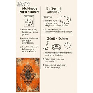 Pamuk Dokuma Taban Halı – Turuncu; Siyah; Krem – Eskitilmiş Görünümlü Soyut Desen, Makinede Yıkanabilir, Kolay Temizlenebilir, Toz Ve Tüy Tutmaz, Kaymaz, Evcil Hayvan Dostu