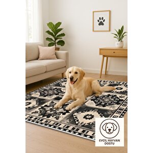 Oturma Odası Halısı – Siyah; Krem – Patchwork Desen, Makinede Yıkanabilir, Kolay Temizlenebilir, Toz Ve Tüy Tutmaz, Kaymaz, Evcil Hayvan Dostu 180x270 cm