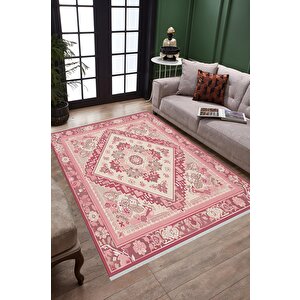 Pamuk Dokuma Taban Halı – Pembe; Krem; Gül Kurusu – Oriental Desen, Makinede Yıkanabilir, Kolay Temizlenebilir, Toz Ve Tüy Tutmaz, Kaymaz, Evcil Hayvan Dostu 100x100 cm