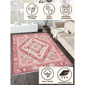 Pamuk Dokuma Taban Halı – Pembe; Krem; Gül Kurusu – Oriental Desen, Makinede Yıkanabilir, Kolay Temizlenebilir, Toz Ve Tüy Tutmaz, Kaymaz, Evcil Hayvan Dostu 100x100 cm