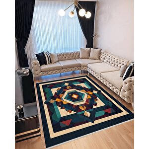 Pamuk Dokuma Taban Halı – Lacivert; Krem; Yeşil; Bordo; Sarı – Geometrik Desen, Makinede Yıkanabilir, Kolay Temizlenebilir, Toz Ve Tüy Tutmaz, Kaymaz, Evcil Hayvan Dostu