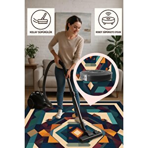 Pamuk Dokuma Taban Halı – Lacivert; Krem; Yeşil; Bordo; Sarı – Geometrik Desen, Makinede Yıkanabilir, Kolay Temizlenebilir, Toz Ve Tüy Tutmaz, Kaymaz, Evcil Hayvan Dostu