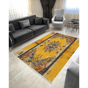 Pamuk Dokuma Taban Halı – Sarı; Gri; Kiremit – Eskitilmiş Görünümlü Oriental Desen, Makinede Yıkanabilir, Kolay Temizlenebilir, Toz Ve Tüy Tutmaz, Kaymaz, Evcil Hayvan Dostu 160x230 cm