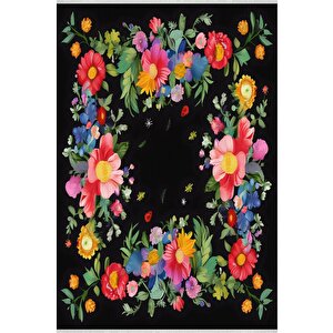 Pamuk Dokuma Taban Halı – Siyah; Sarı; Kırmızı; Yeşil; Pembe – Çiçek Desen, Makinede Yıkanabilir, Kolay Temizlenebilir, Toz Ve Tüy Tutmaz, Kaymaz, Evcil Hayvan Dostu