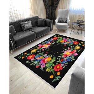 Pamuk Dokuma Taban Halı – Siyah; Sarı; Kırmızı; Yeşil; Pembe – Çiçek Desen, Makinede Yıkanabilir, Kolay Temizlenebilir, Toz Ve Tüy Tutmaz, Kaymaz, Evcil Hayvan Dostu